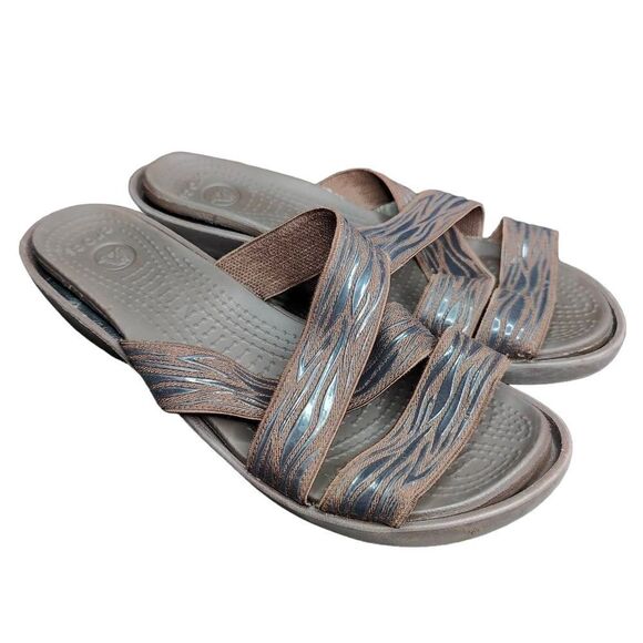 Crocs Brown Zebra Cross-band Mini Wedge Slip On Sandals - Picture 1 of 8